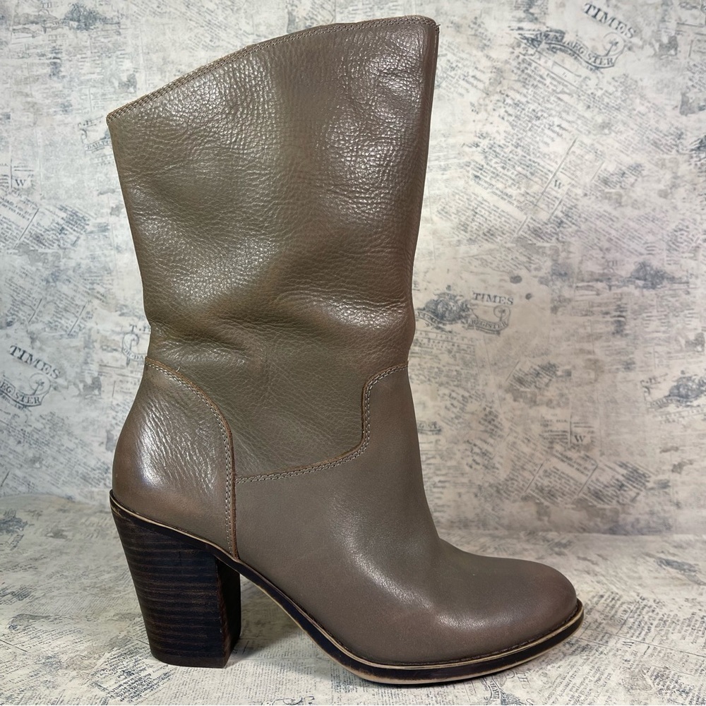 Lucky Brand Embrleigh Taupe Gray Leather Mid-Calf Boots